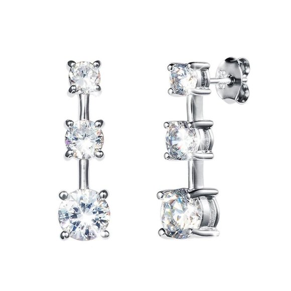 Silver Plated Trilogy 3 Stone Diamond Zircon Drop Stud Earrings Party Gift - Picture 1 of 5